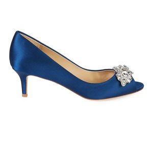 Satin Navy Peep toe Kitten Heel Pumps